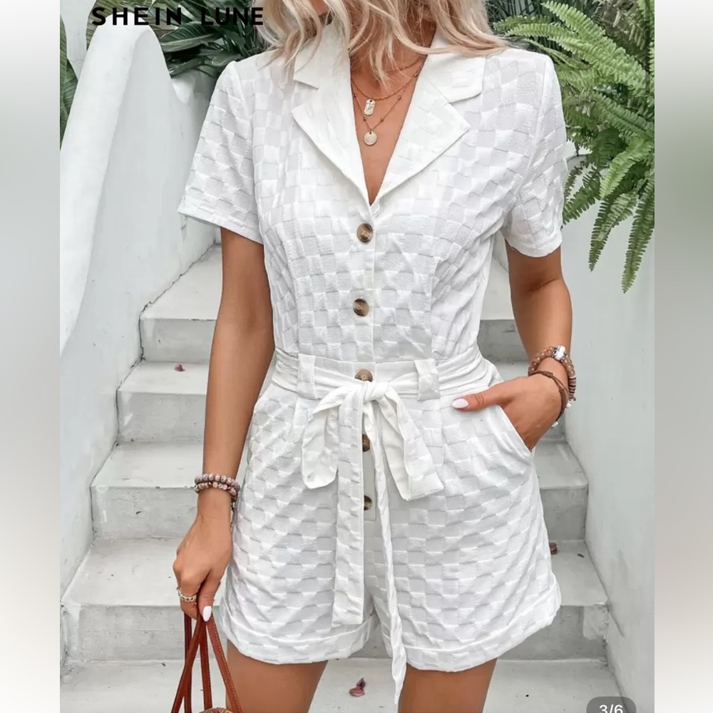 White Textured Button-Up Romper